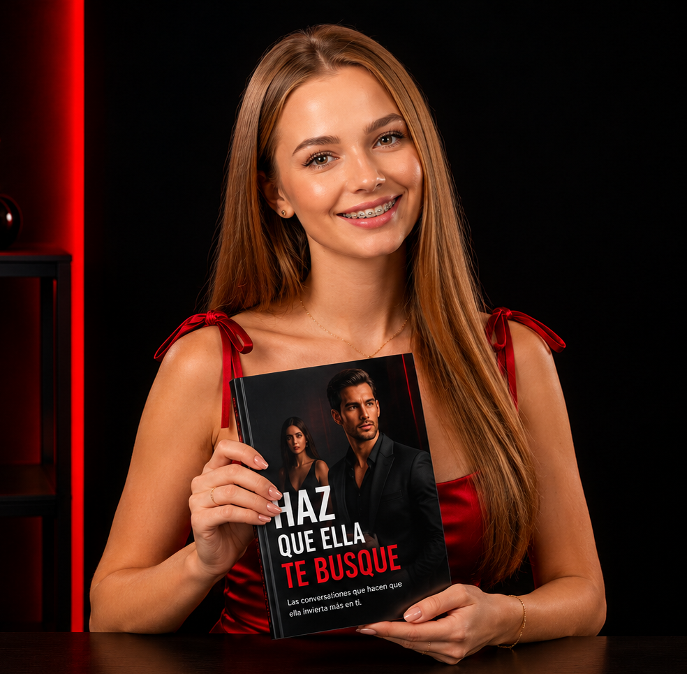 Mujer mostrando el libro Haz Que Ella Te Busque